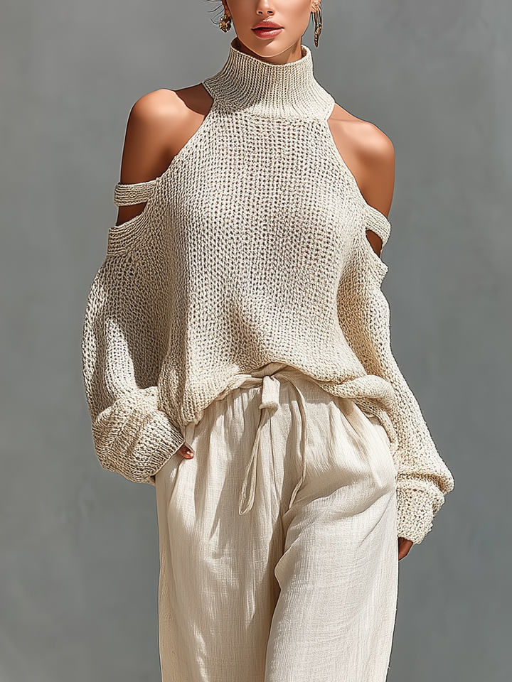 Thalia - Beżowy sweter off-shoulder z golfem i szerokie spodnie