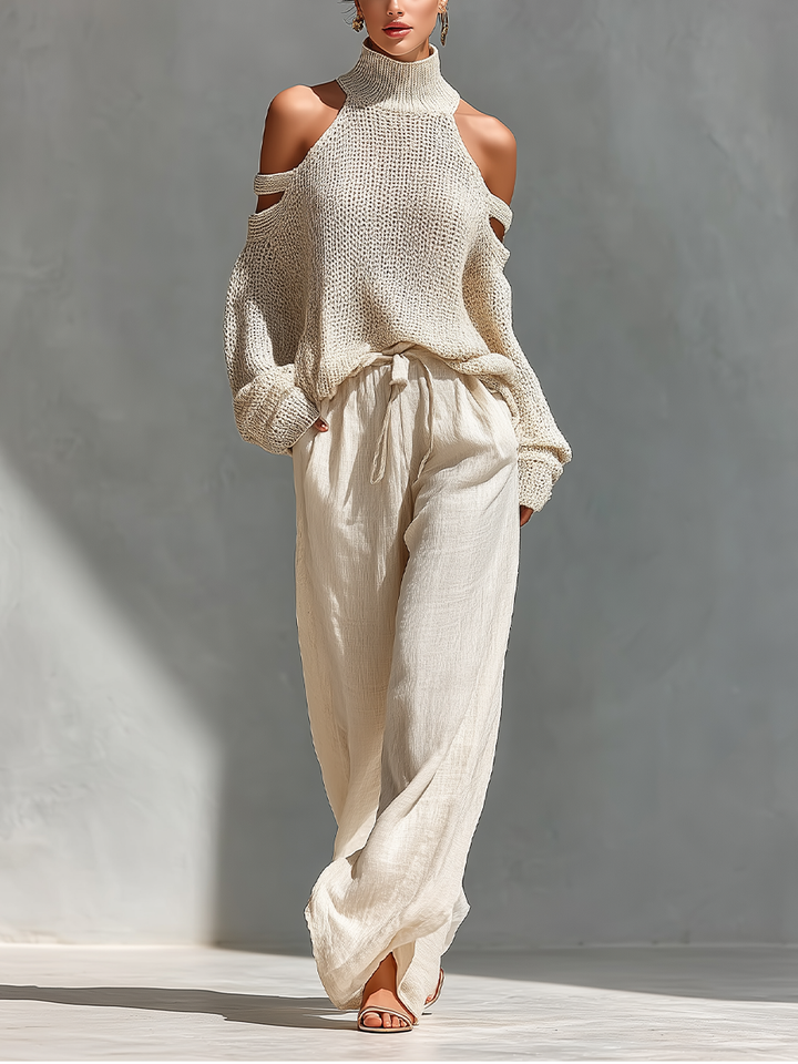 Thalia - Beżowy sweter off-shoulder z golfem i szerokie spodnie