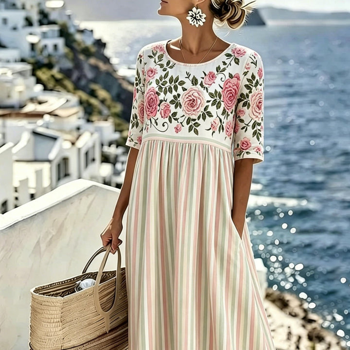 Elodie™ | Sukienka Midi w Stylu Vintage Różowa W Paski