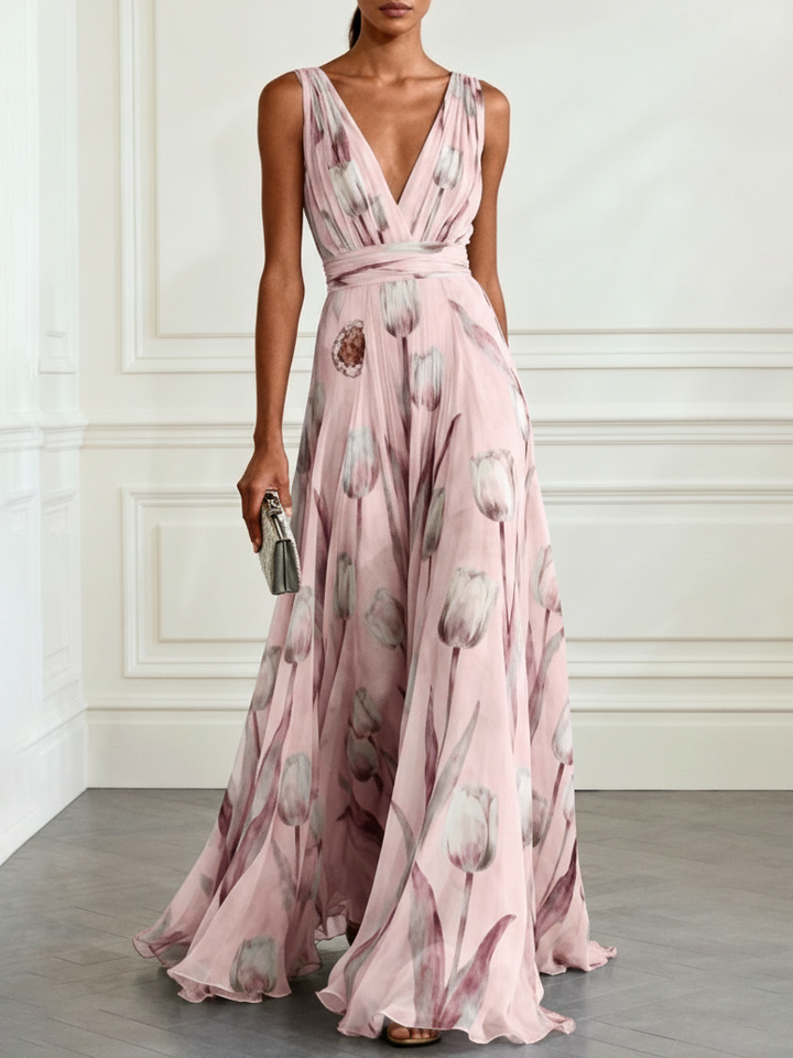 Nerea - Elegancka Sukienka Maxi z tulipanowym wzorem i dekoltem w kształcie V