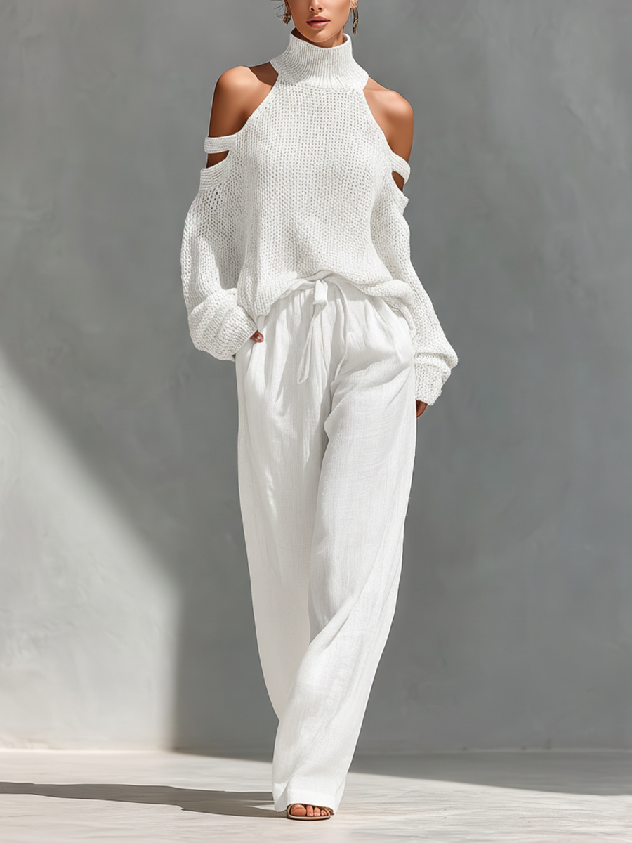 Thalia - Beżowy sweter off-shoulder z golfem i szerokie spodnie