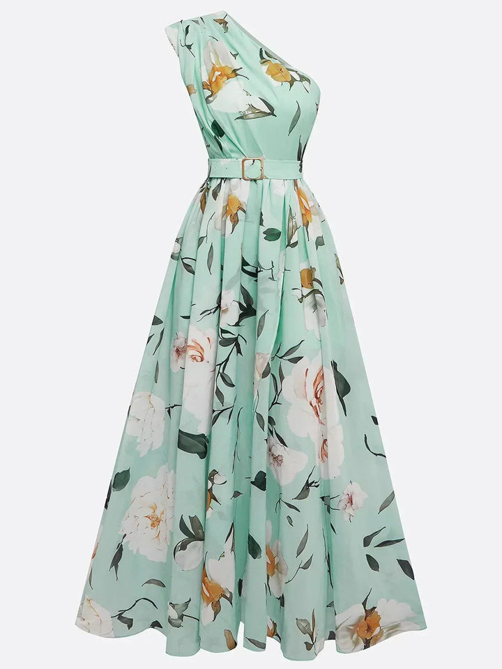 Sella - Rüsztowane Sukienka Maxi Chiffon na Jedno Ramię w Linii A