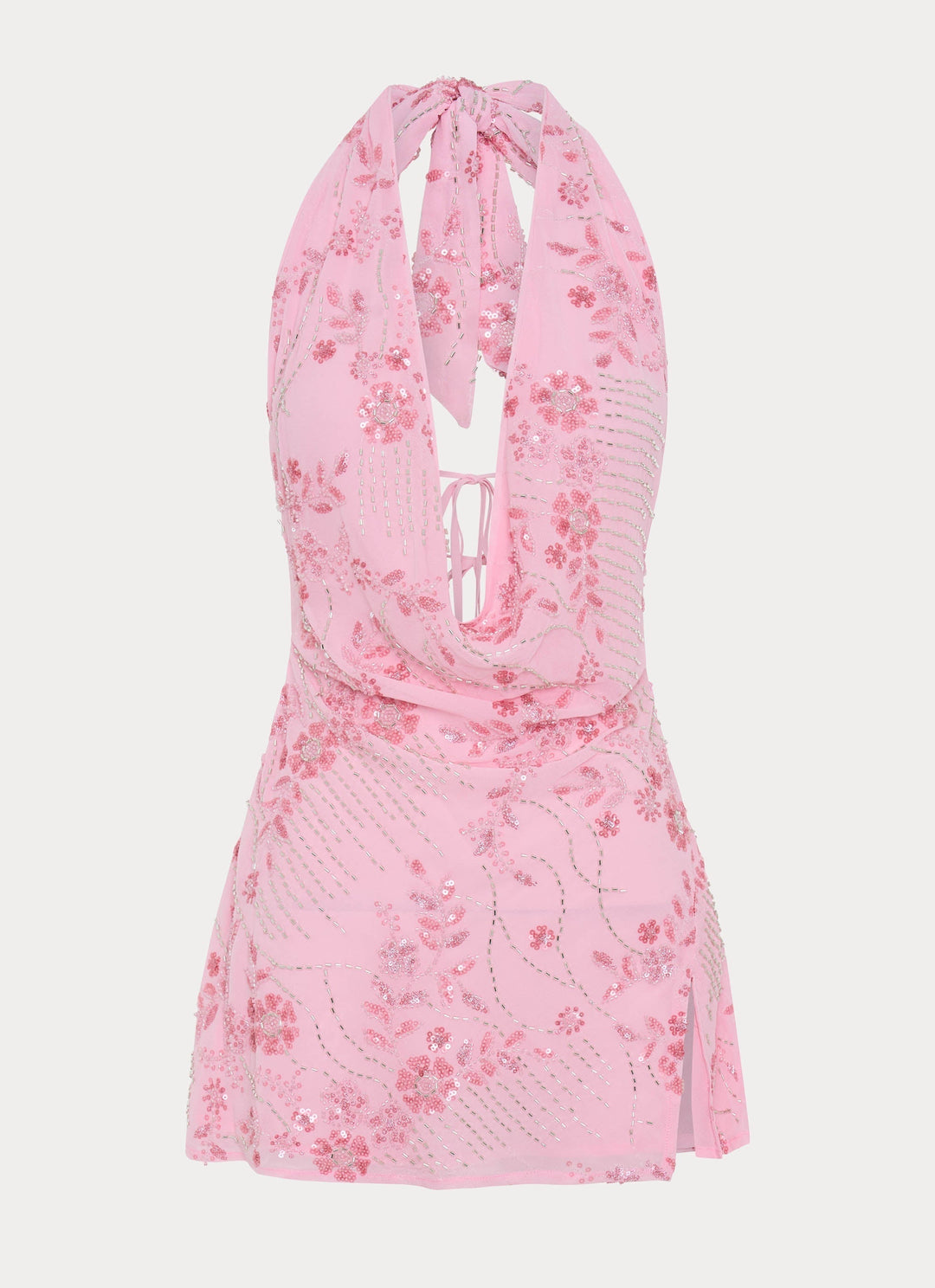 Cinzia - Różowa Sukienka Mini z Perłami