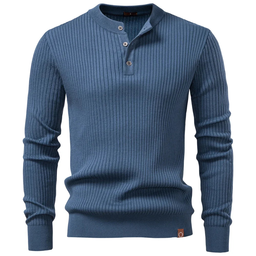 Ribbed sweter męski z listwą guzikową i długim rękawem | Welana Warszawa