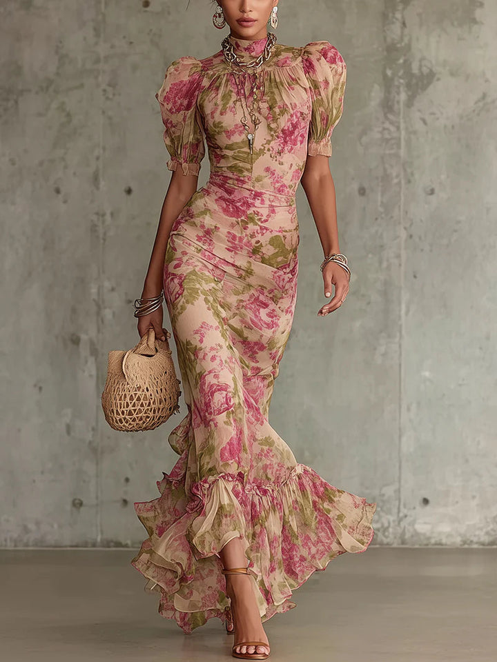 Jill - Sukienka Maxi z Bufiastymi Rękawami w Wzór Vintage Róż