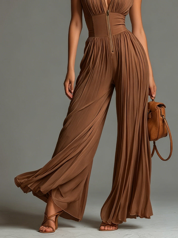 Zsófia Jumpsuit | Kombinezon z plisowanego szyfonu w kolorze karmelowym