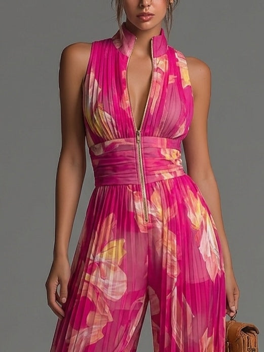 Zsófia Jumpsuit | Plisowany Chiffonowy Kombinezon w Różu