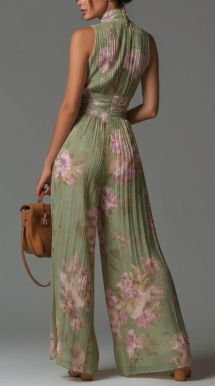 Zsófia Jumpsuit | Plisowany Chiffonowy Kombinezon w Zieleni