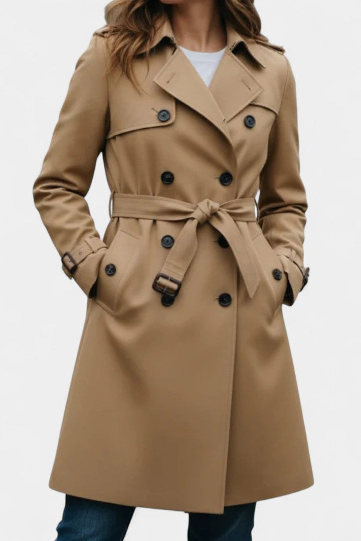Ginewra | Dwurzędowy Płaszcz Trench z Paskiem